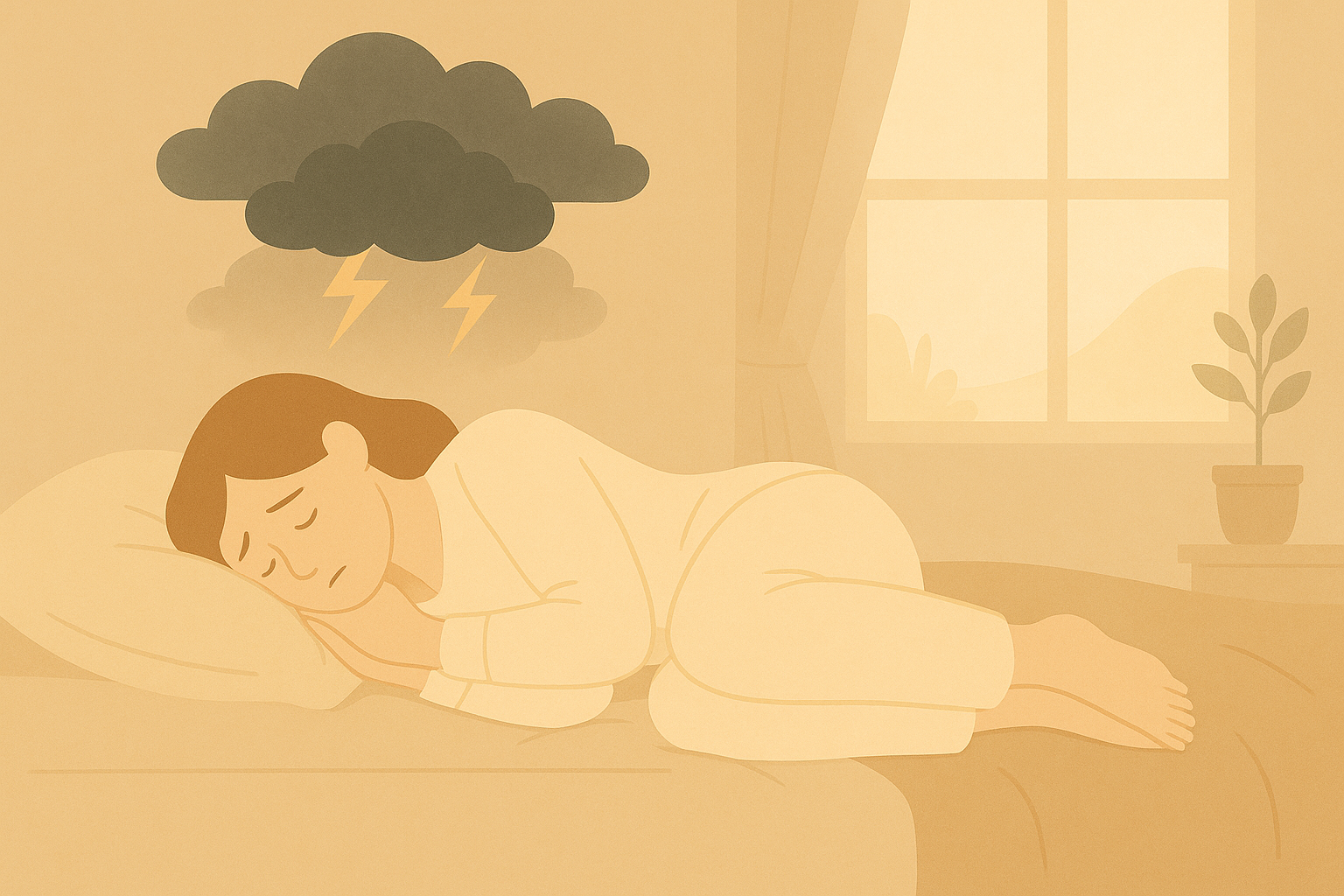 An image of a women laying down in bed, looking sad, with a small storm above her head