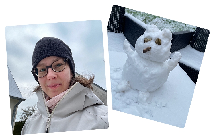 A picture of me smiling in Winter clothing on the left, and a picture of a small snowman on the right.