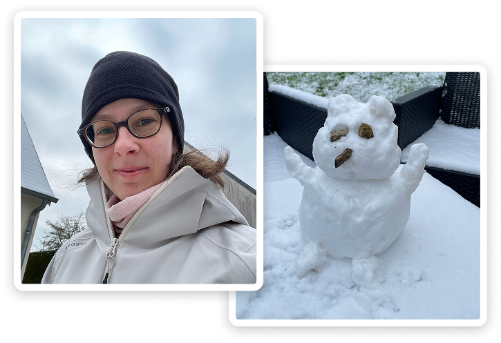 Une photo de moi souriant en tenue d'hiver à gauche, et une photo d'un petit bonhomme de neige à droite.