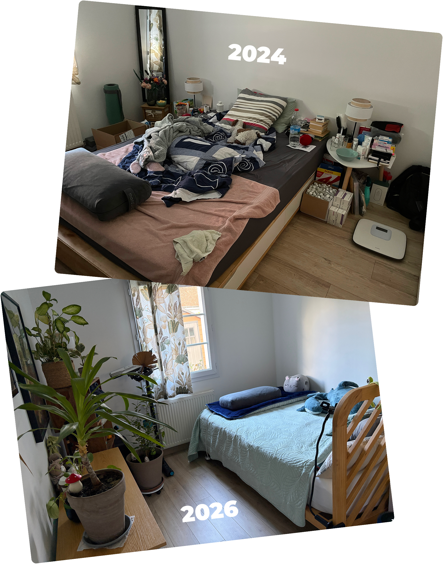 Before and after of my bedroom. Top: during my illness, dark room, unmade bed covered with a towel, bedside tables cluttered with medication, and boxes on the floor. Bottom: in 2026, a tidy, bright room, with the bed facing the window and lots of green plants.