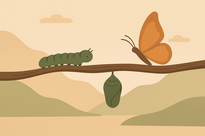Une image qui représente le processus de transformation, de la chenille au papillon