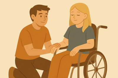 A woman in a wheelchair, looking tired but peaceful ; a man kneeling beside her, looking at her protectively.