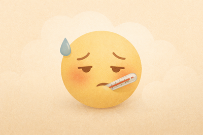 An illustration of a sick smiley face with tired eyes, a thermometer in the mouth.