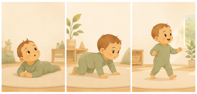 An illustration of a cute baby. At first he's on the floor, then crawling with a determined look, then walking around. 