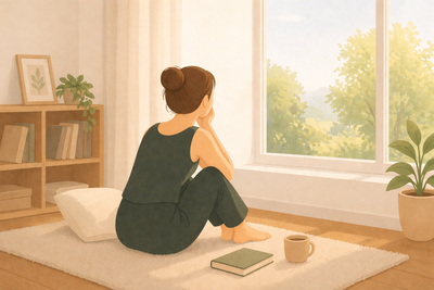 Une femme assise sur un tapis moelleux, regardant par la fenêtre, l'air calme et pensif.