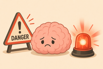 A image of a cartoon brain looking sad and worried, with alarm bells and danger sign posts all around it
