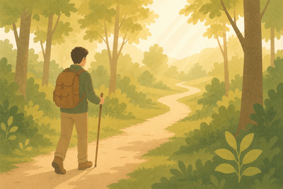 A man with a backpack on a forest path, walking and looking toward the horizon.