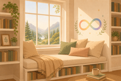 Warm, cozy reading nook with a window, books, plants, and a pastel rainbow infinity symbol representing neurodiversity.