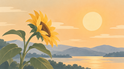 Illustration d’un tournesol au premier plan, devant un lac et des montagnes bleutées baignés par la lumière dorée d’un coucher de soleil.