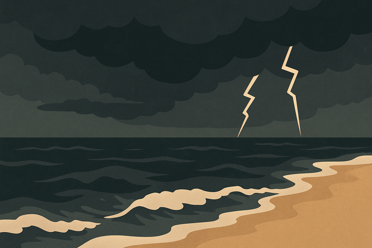 A beach with rough waves under a stormy sky, with flashes of lightning.