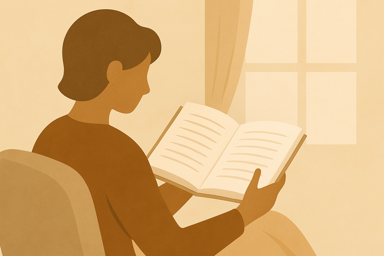 Une personne qui lit un livre au calme dans un fauteuil devant une fenêtre. 