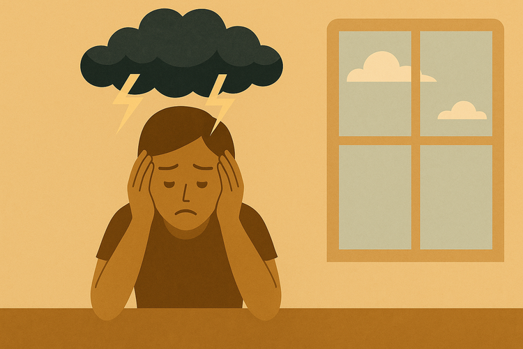 A person with their head in their hands and a storm cloud above their head, looking distressed.