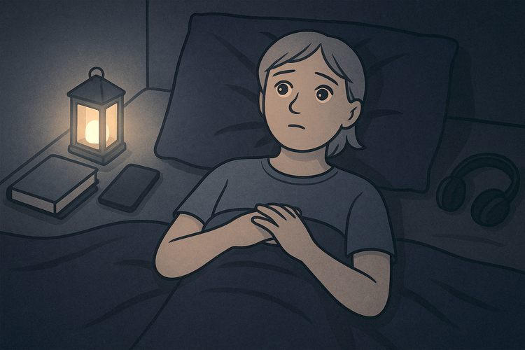 A person lying awake in bed, looking worried, with a few objects around her (her phone and headphones, some books and a small lantern)