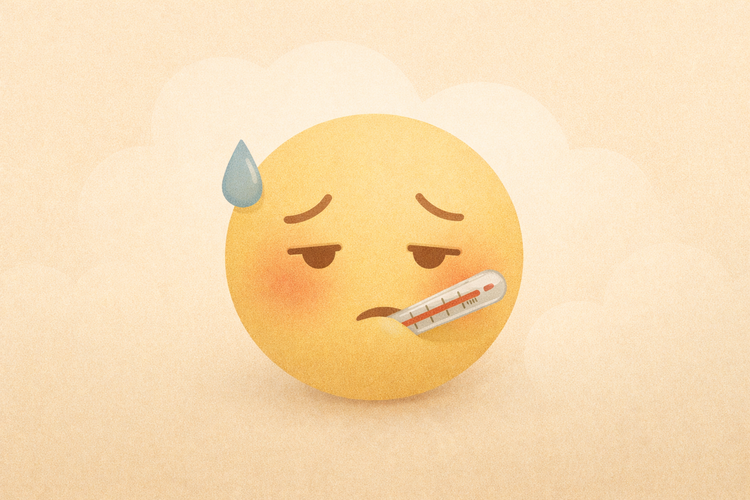 Illustration d'un smiley malade aux yeux fatigués, un thermomètre dans la bouche.