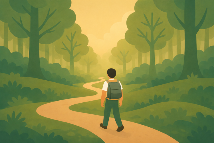 A man with a backpack on a forest path, walking and looking toward the horizon.