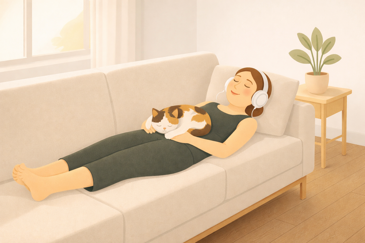 A woman lying peacefully on a sofa, listening to something in her headphones, with a cat on her lap.