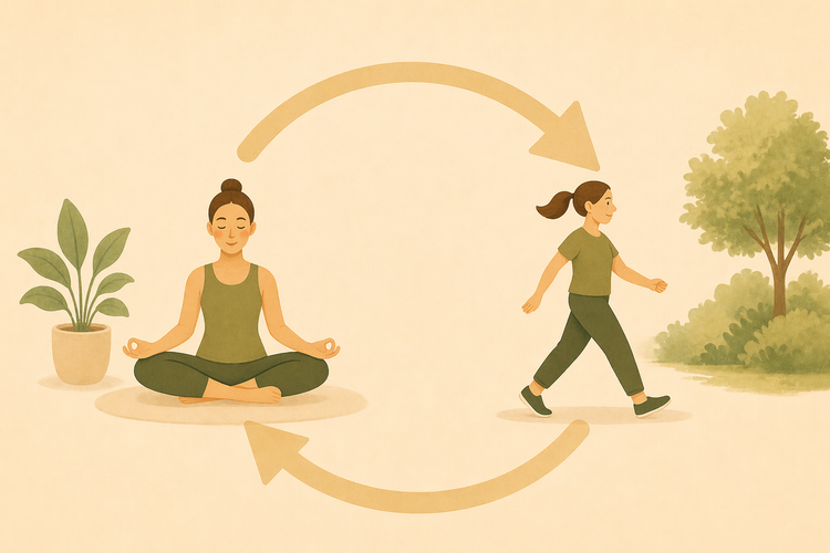 Représentation d'un cycle entre repos (une femme pratiquant le yoga) et activité (une femme en train de marcher)