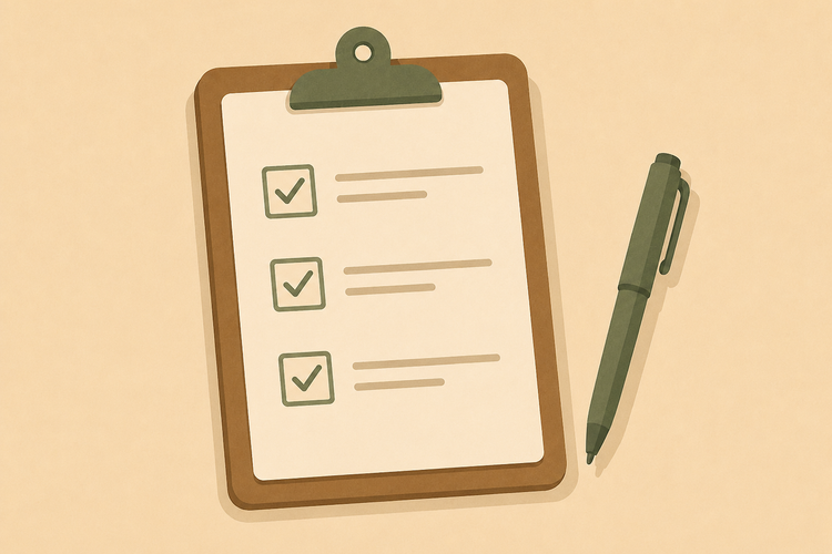 A clipboard with steps and checkmarks, and a pen next to it