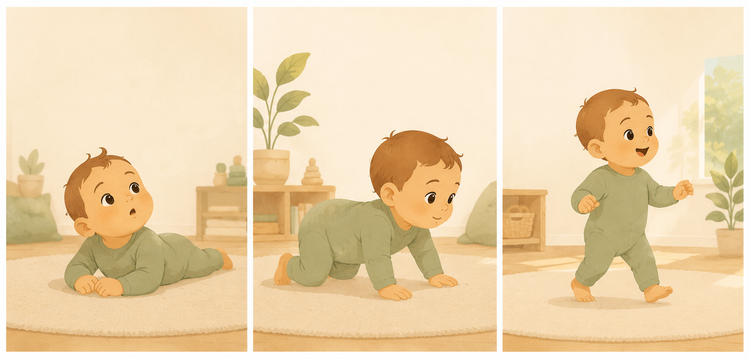 An illustration of a cute baby. At first he's on the floor, then crawling with a determined look, then walking around. 