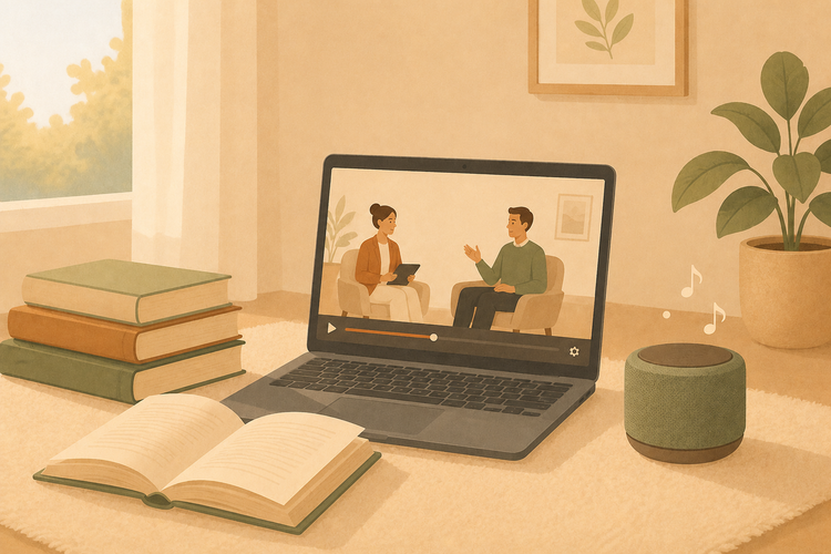 A stack of books, an open book in the foreground, a computer playing a video of an interview, and a speaker playing music