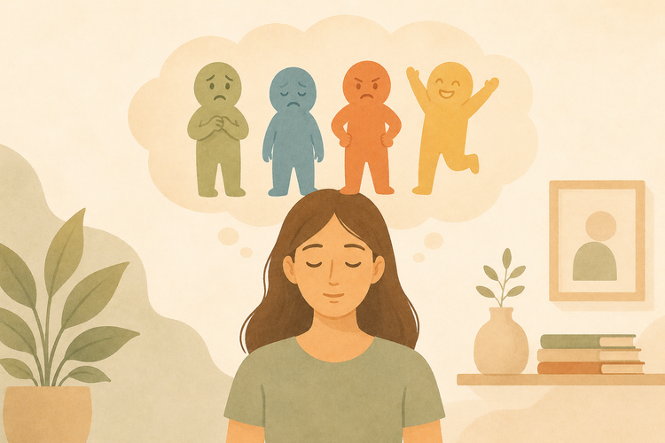 A female character with her four key emotions represented above her head in the form of small colored figures