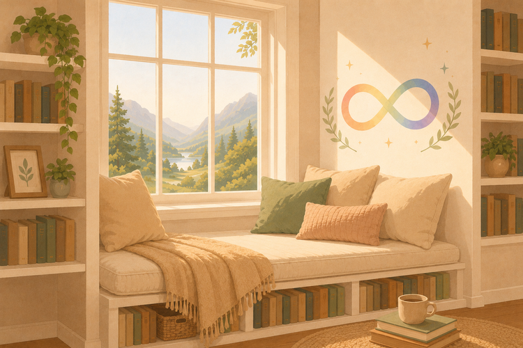 Warm, cozy reading nook with a window, books, plants, and a pastel rainbow infinity symbol representing neurodiversity.