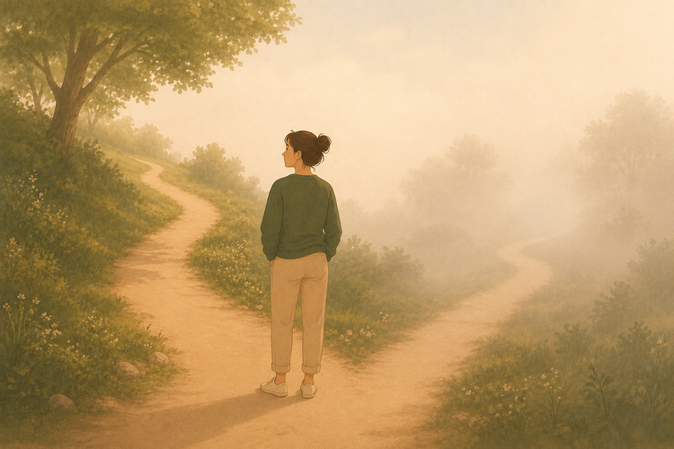A person chooses the left path at a peaceful fork in the road. The left path is clear and sunlit, while the right path fades into the mist.