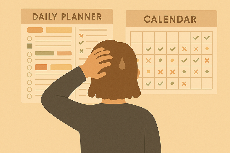 A person feeling lost while looking at a daily and a monthly calendar with a lot of information on it