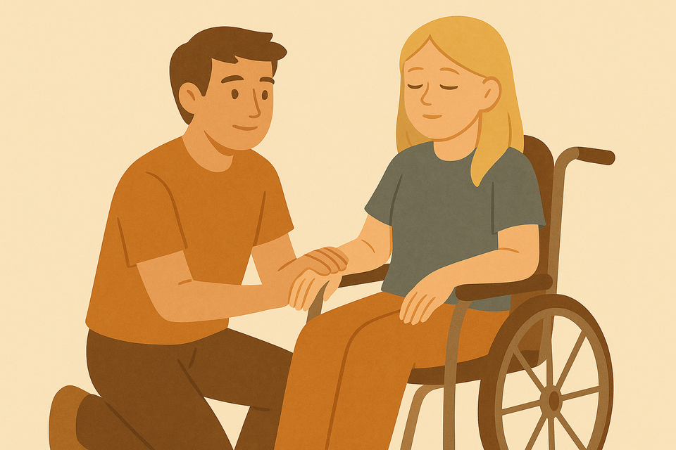 A woman in a wheelchair, looking tired but peaceful ; a man kneeling beside her, looking at her protectively.