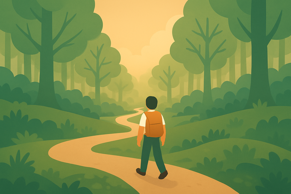 Un homme avec un sac à dos sur un chemin en forêt, en train de marcher et regardant vers l'horizon.