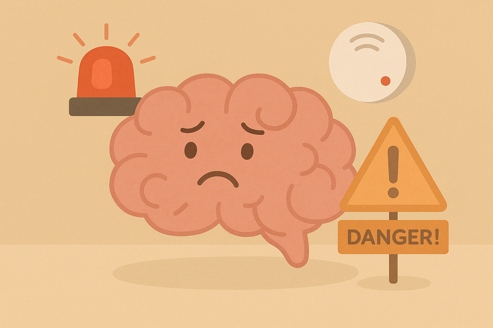 Image d'un cerveau "cartoon". Il a l'air triste et inquiet, entouré de signaux d'alarme et de panneaux de danger.