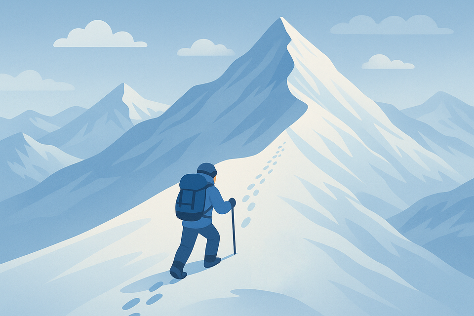 Une personne escaladant l'Everest par une belle journée, près du sommet, suivant les traces des alpinistes précédents.