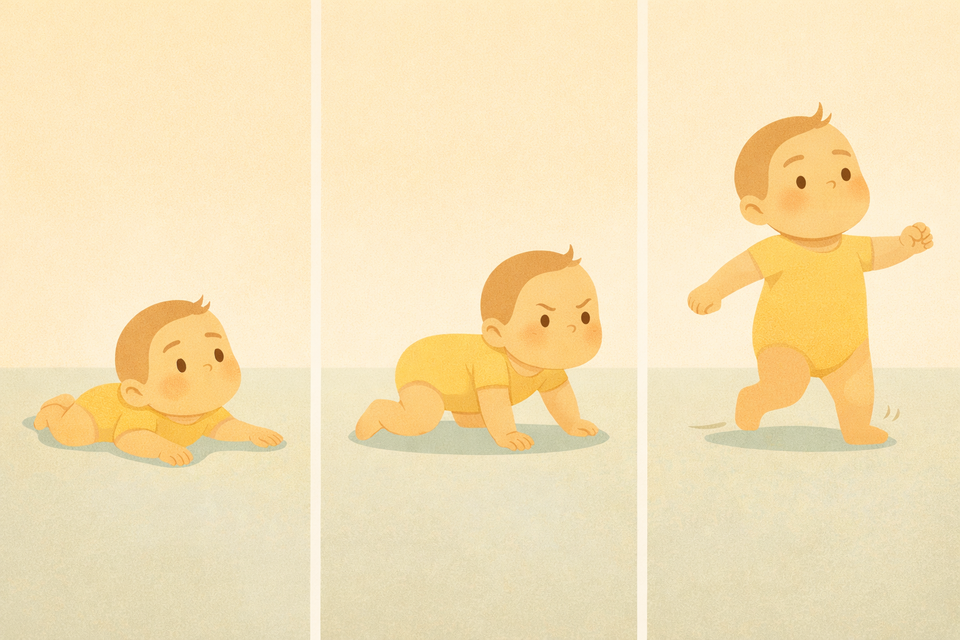An illustration of a cute baby. At first he's on the floor, then crawling with a determined look, then walking around. 