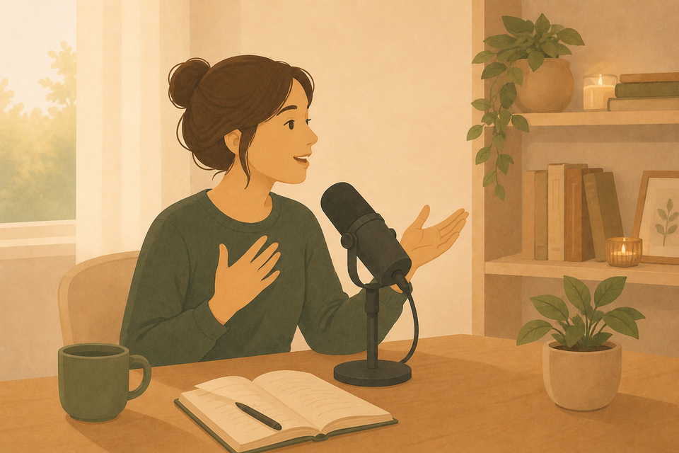 A person telling their story into a microphone, with a notebook in front of her